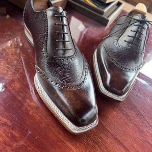 商务休闲正装方头牛津咖色博物馆皮牛皮底固特异前掌挪威缝收腰