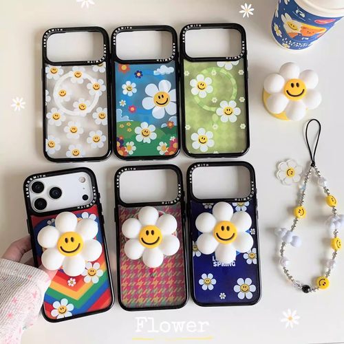 韩风笑脸雏菊磁吸支架适用iphone16pro手机壳苹果15新款12/13趣味卡通14亚克力硬底软边17promax硬底保护套11