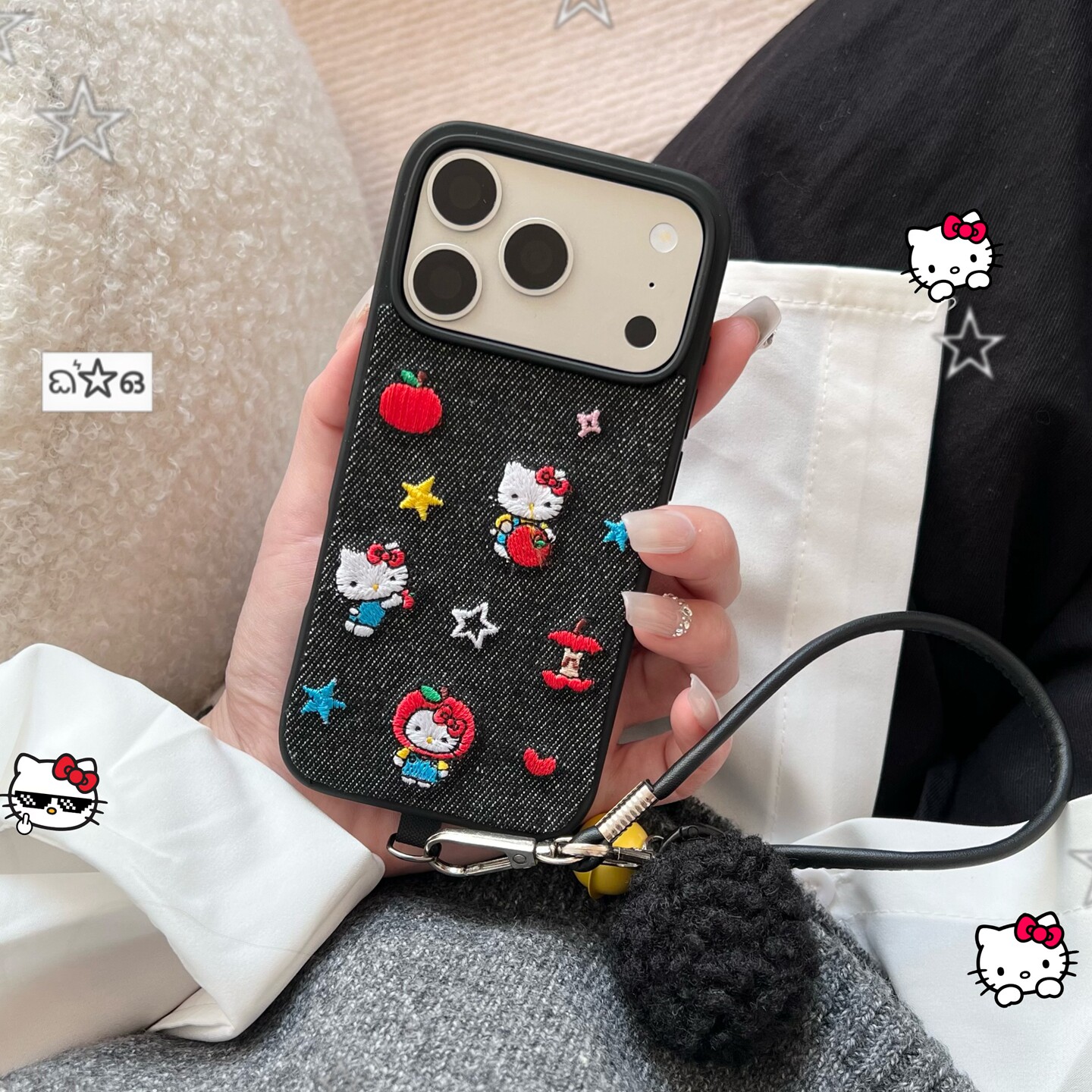 INS秋冬复古牛仔布刺绣KT猫适用苹果17手机壳iphone16promax新款15pro可爱14硬底防摔保护套13创意17全包款18图片