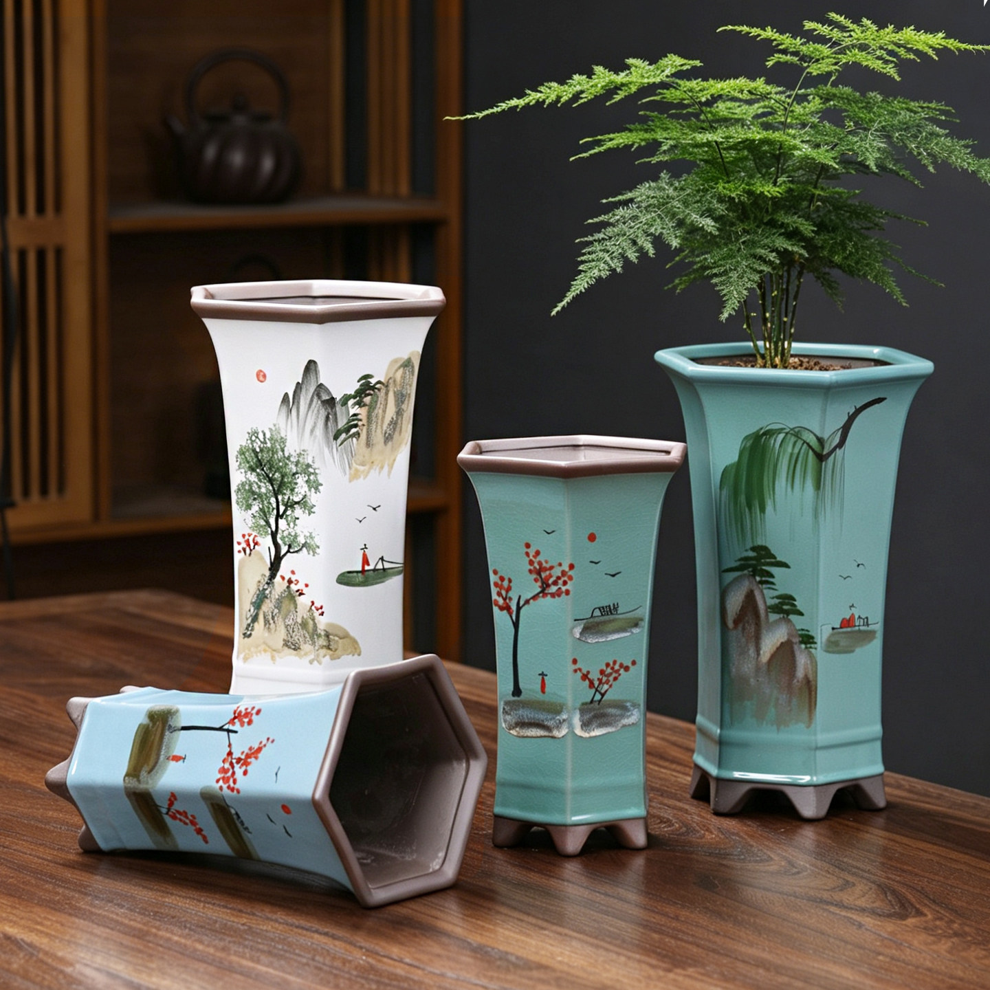 简约紫砂盆六方兰花盆花卉绿植物盆栽大号手工花盆悬崖老桩盆栽盆