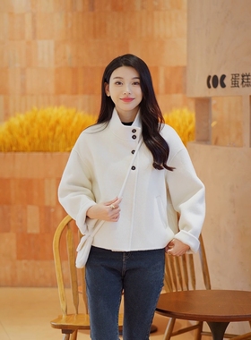 学院风立领短款羊毛呢外套白色显瘦气质休闲小个子羊毛大衣女短款