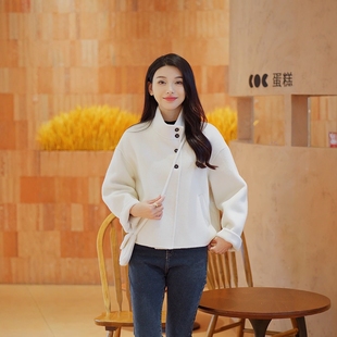 学院风立领短款 羊毛呢外套白色显瘦气质休闲小个子羊毛大衣女短款