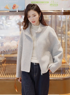短款立领双面呢大衣女2025新款拉链款双面羊绒大衣女短款毛呢外套