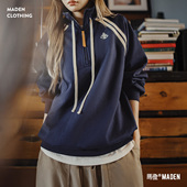 马登美式 复古学院风藏青色半拉链翻高立领套头长袖 无帽卫衣女士春