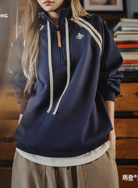 马登美式复古学院风藏青色半拉链翻高立领套头长袖无帽卫衣女士秋
