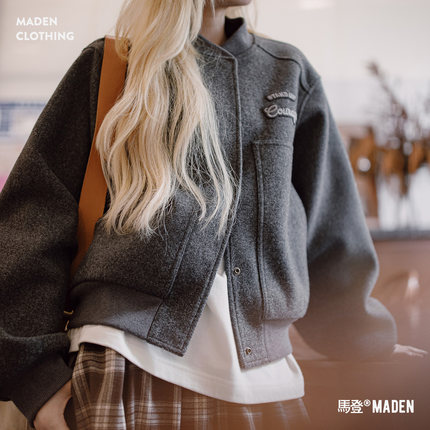 马登深灰色加厚棒球领服短款毛呢呢子夹克小个子外套上衣女士秋冬