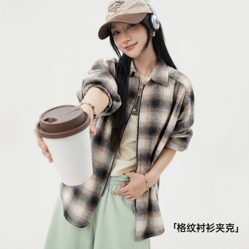 美式复古磨毛格子长袖衬衫外套