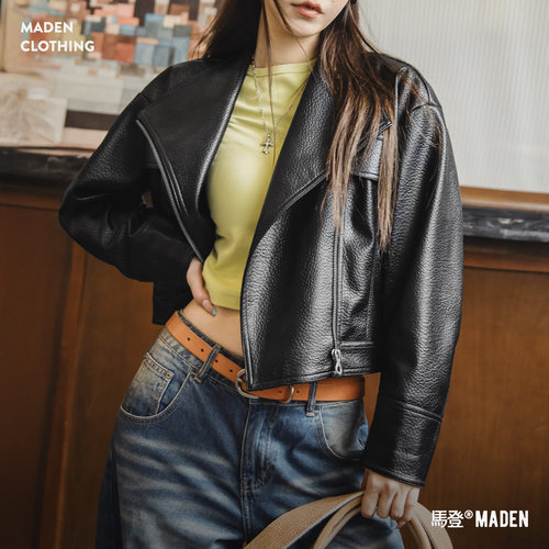 马登女装黑色短款机车PU皮夹克