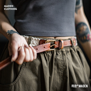 马登复古植鞣革头层真皮牛仔裤 收腰小牛皮软腰带女春 子编织细窄款