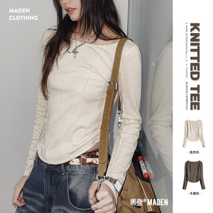 马登大领口针织正肩长袖t恤鱼骨显瘦掐收腰修身上衣打底衫女士春