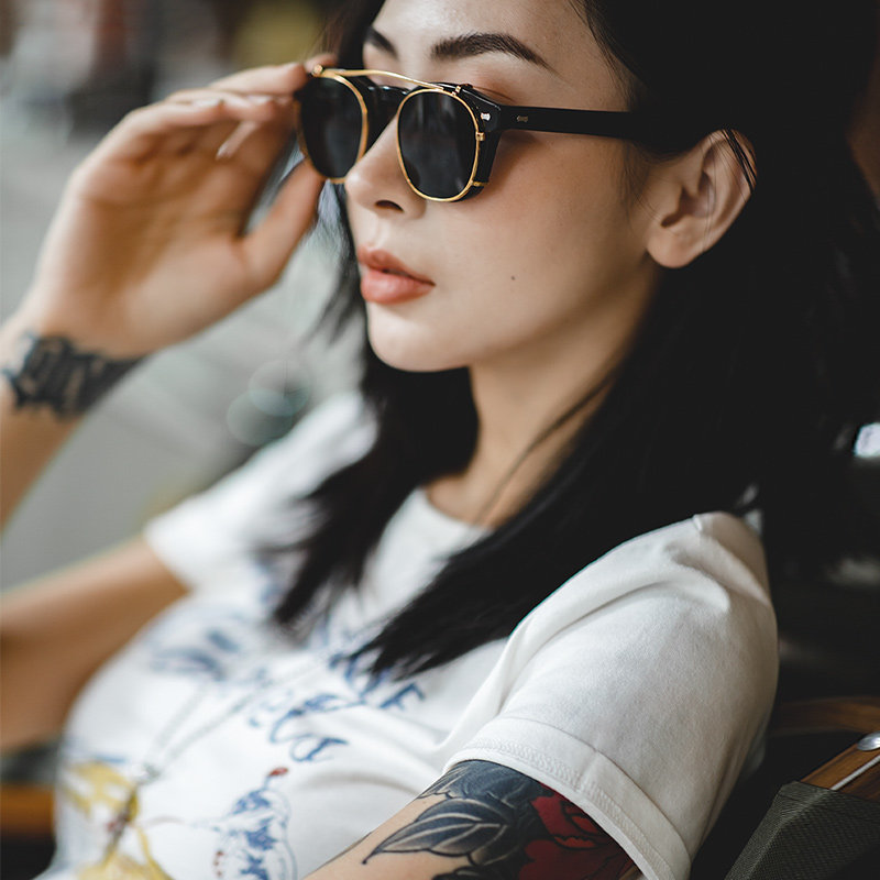 马登 美式复古德普手工圆框眼镜阿美咔叽可拆两用偏光墨镜潮女