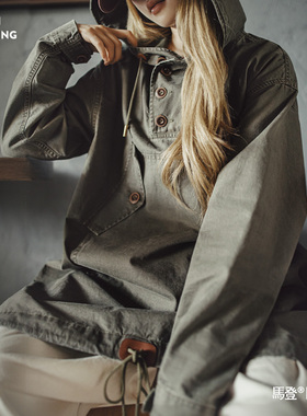 马登军绿色水洗中长款宽松全棉套头连帽工装风衣连衣裙外套女士春