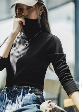 马登黑色紧身半高领打底衫仿德绒内搭上衣修身针织长袖t恤秋冬女