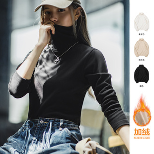 t恤秋冬女 针织长袖 马登黑色紧身半高领打底衫 仿德绒内搭上衣修身