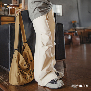 马登白色不贴腿直筒微喇叭宽松阔腿马蹄工装休闲拖地长裤子女士春