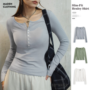 正肩长袖 内搭棉打底衫 t恤显身材上衣春女 修身 马登白色针织亨利衫