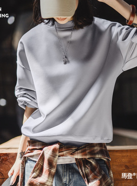马登空气层纯灰色无帽款宽松落肩圆领套头长袖卫衣外套上衣女士春