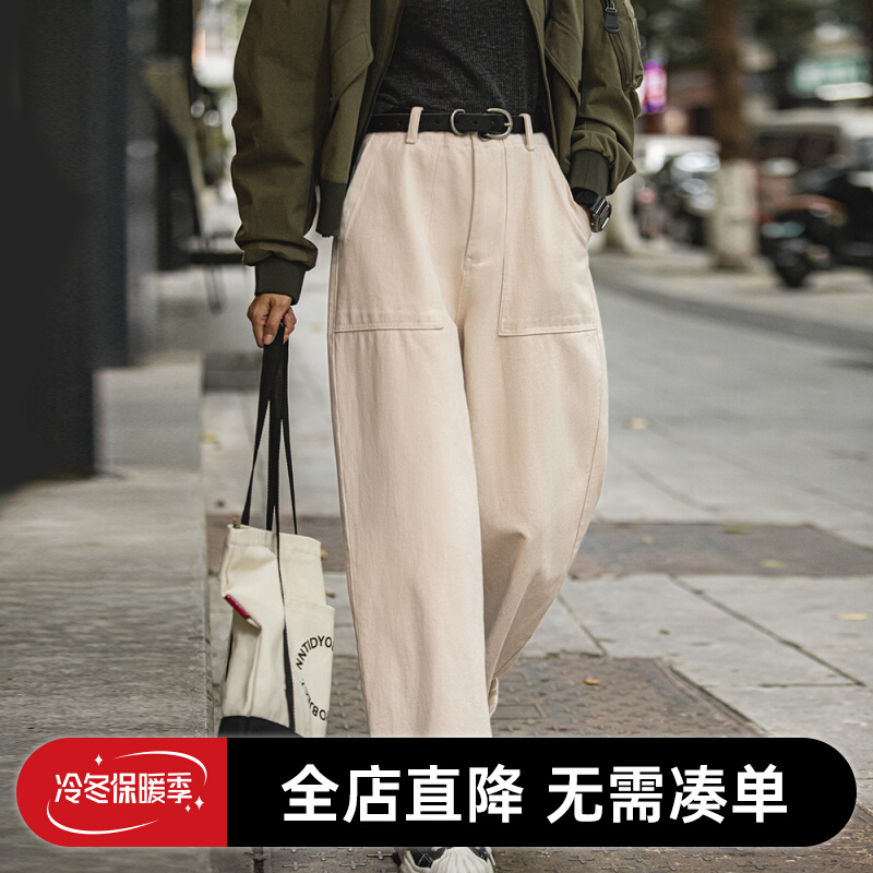 马登女装美式风白色牛仔阔腿裤子宽松口袋工装裤美式直筒休闲长裤