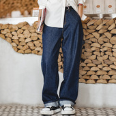 子春季 马登美式 阔腿松紧腰裤 日系直筒工装 女 深蓝色丹宁翻边牛仔裤