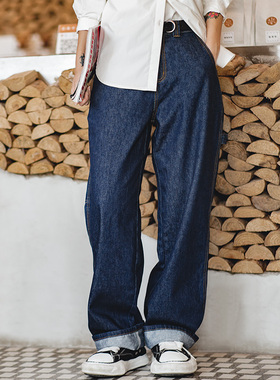 马登美式深蓝色丹宁翻边牛仔裤日系直筒工装阔腿松紧腰裤子春季女