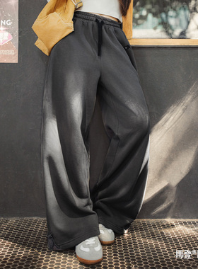 马登灰色毛圈垂感宽松纯棉松紧腰抽绳休闲直筒阔腿卫裤子女士春季