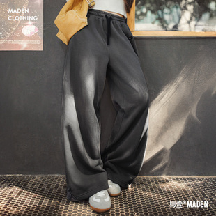 马登灰色毛圈垂感宽松纯棉松紧腰抽绳休闲直筒阔腿卫裤 子女士春季