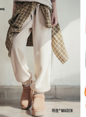 马登美式摇粒绒束脚卫裤保暖居家裤外穿宽松休闲裤垂感长裤冬季女