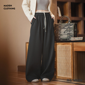 马登黑色宽松紧花边拼接腰头休闲裤直筒阔腿垂感西裤小个子女士春