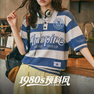 马登美式复古宽松条纹翻V领针织polo衫短袖t恤五分半袖上衣女士夏