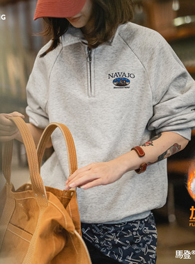 马登复古灰色翻领polo半拉链套头加绒加厚长袖保暖卫衣外穿女秋冬