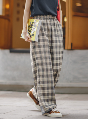 马登松紧腰薄款高腰休闲裤显瘦修身直筒宽松格子阔腿长裤子女士秋