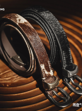 马登复古黑色豹纹百搭马毛感针扣头细窄款小真牛皮皮腰带配装饰女