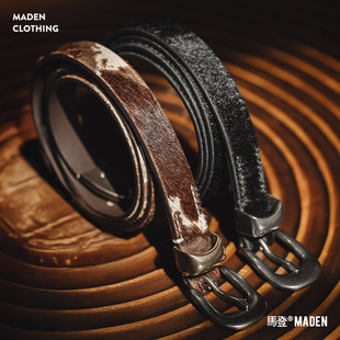 马登复古黑色豹纹百搭马毛感针扣头细窄款小真牛皮皮腰带配装饰女
