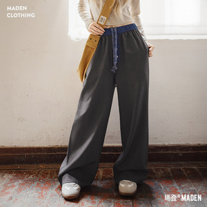 马登黑色窄版撞色宽松紧腰头拼接直筒裤垂感休闲长裤小个子女士春