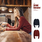 针织衫 马登酒红色圆领套头修身 短款 绞花内搭加厚毛衣上衣女士秋冬