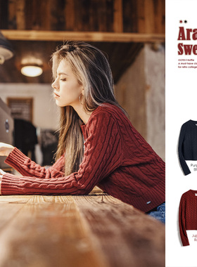 马登酒红色圆领套头修身短款针织衫绞花内搭加厚毛衣上衣女士秋冬