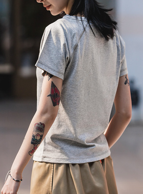 马登2025新款黑白灰色纯棉基础插肩磨毛短袖合修身T恤上衣女士夏