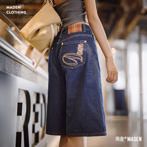 马登夏日复古深蓝丹宁牛仔七分裤
