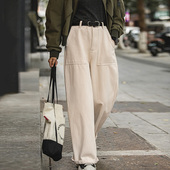 休闲长裤 马登老钱风米白色直筒高腰阔腿牛仔裤 垂坠感宽松工装 子女