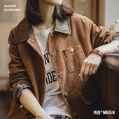 马登复古美拉德撞棕色灯芯条绒麂皮翻领工装 夹克外套上衣女春 猎装