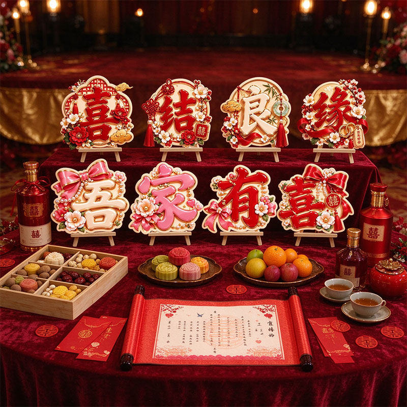 订婚宴kt板桌摆结婚布置桌牌中式喜字祝福拍照道具婚礼装饰小摆件