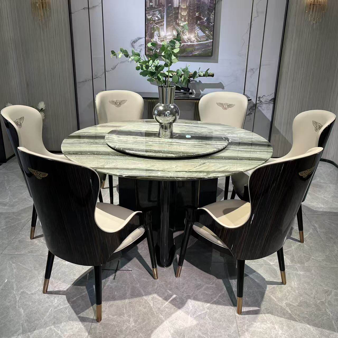 意式轻奢旋转家用饭桌圆桌水墨丹青天然奢石别墅高档餐厅旋转餐桌