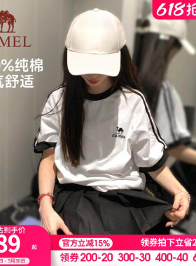 骆驼夏日T恤女冰感复古潮牌原创圆领休闲宽松白色上衣运动短袖t男