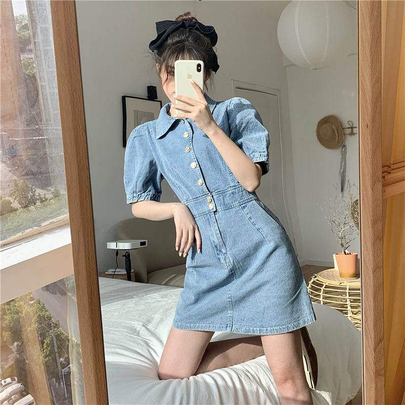 Real photo 2021 spring new retro bubble sleeve denim dress with slim waist and A-line skirt