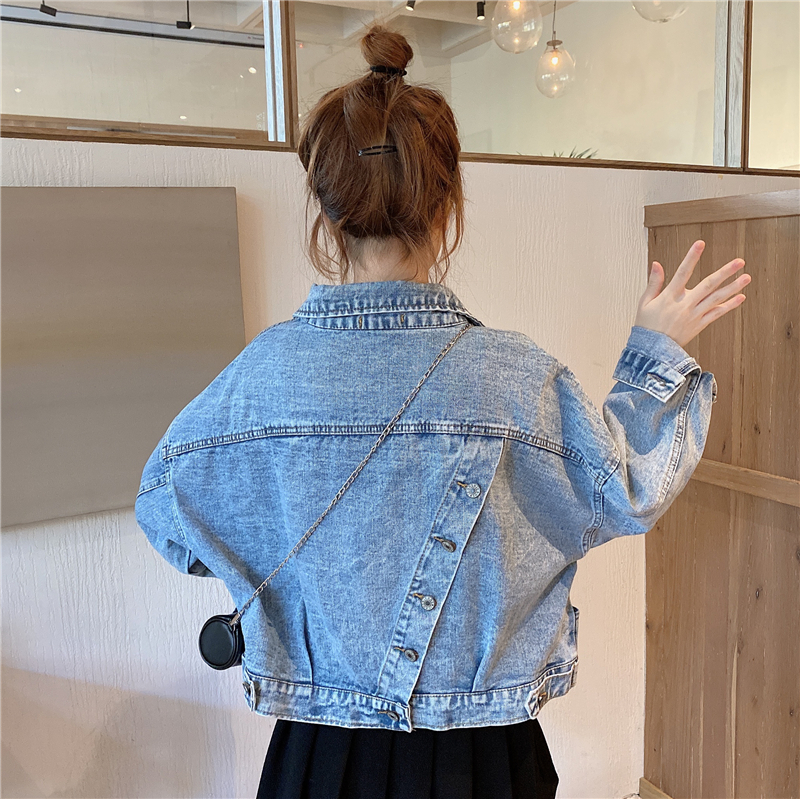 實拍 春秋2021新款韓版寬鬆後背開叉扣牛仔短外套上衣女