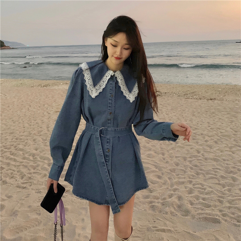 Real shot new 2021 spring Korean loose lace Navy collar single breasted lace up denim dress