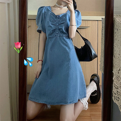 Real photo 2021 summer new bubble sleeve denim dress A-line high waist short skirt