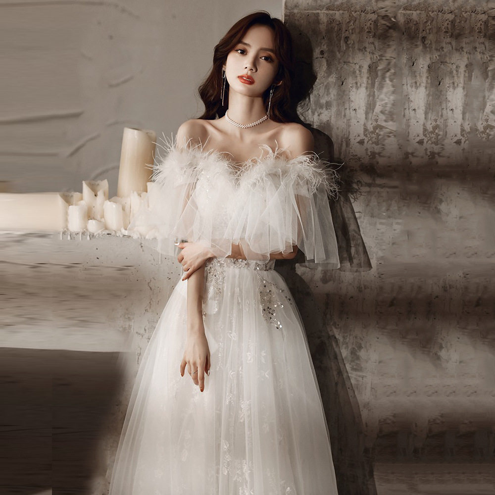 9A白色羽毛晚礼服裙女高级感轻奢图片