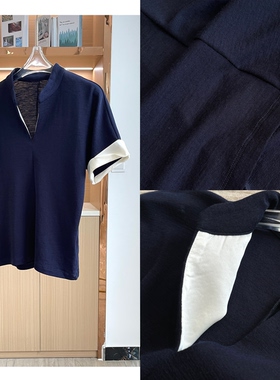 E同源料！2\48支杨子纱美丽诺羊毛！Y单~假两件中式针织短袖00204