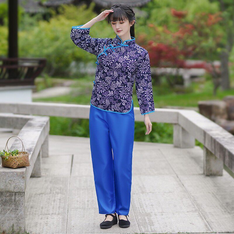 农村村姑服装成人舞蹈服网红农民知青大学生棉麻套装大花布怀旧